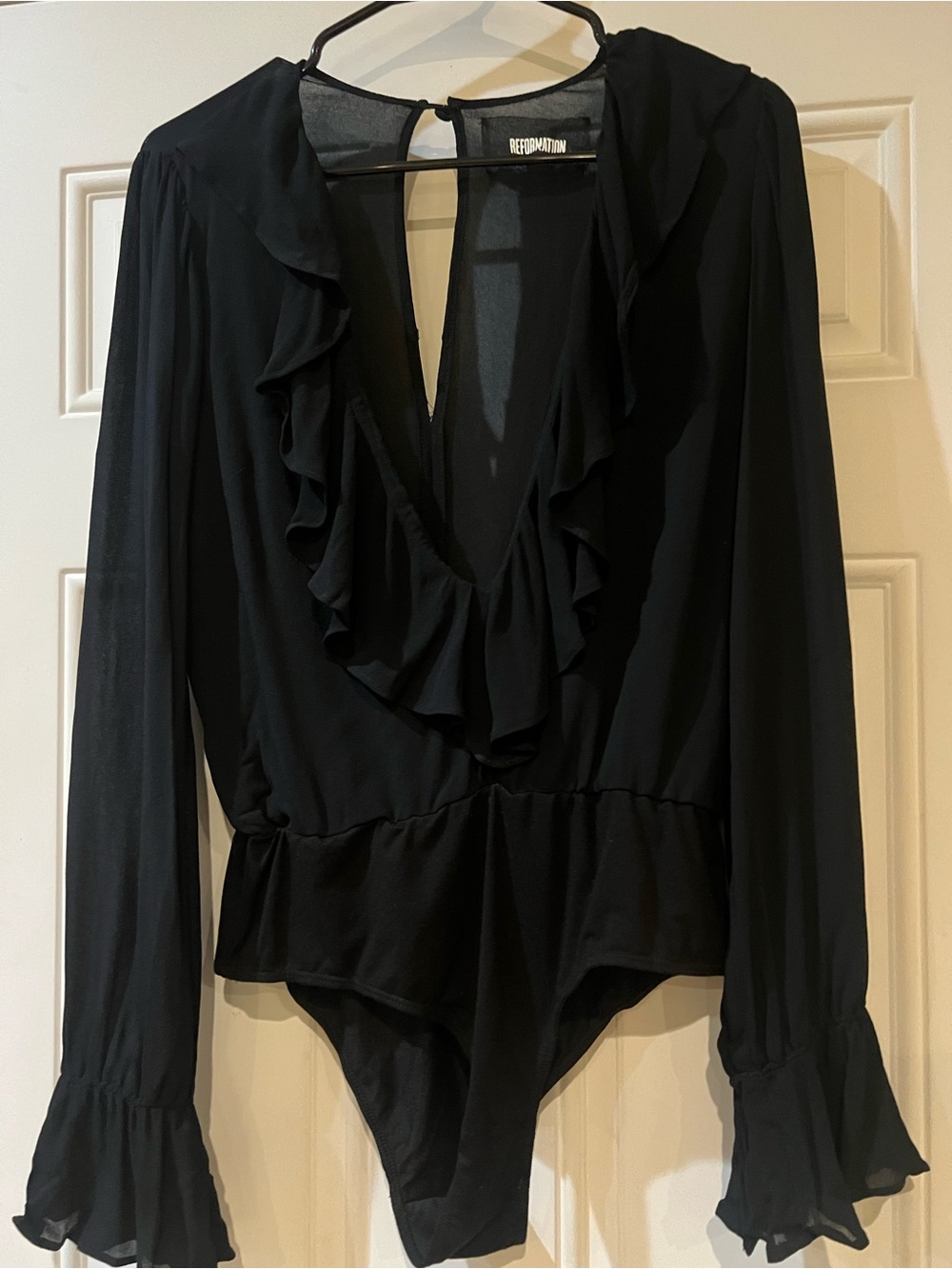Reformation Black Ruffle-Trim Long Sleeve Bodysuit Size Large